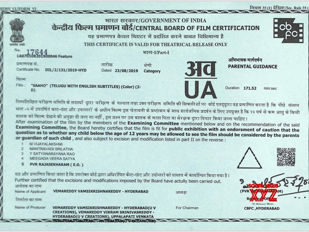 Saaho Movie Censor Certificate Social News XYZ