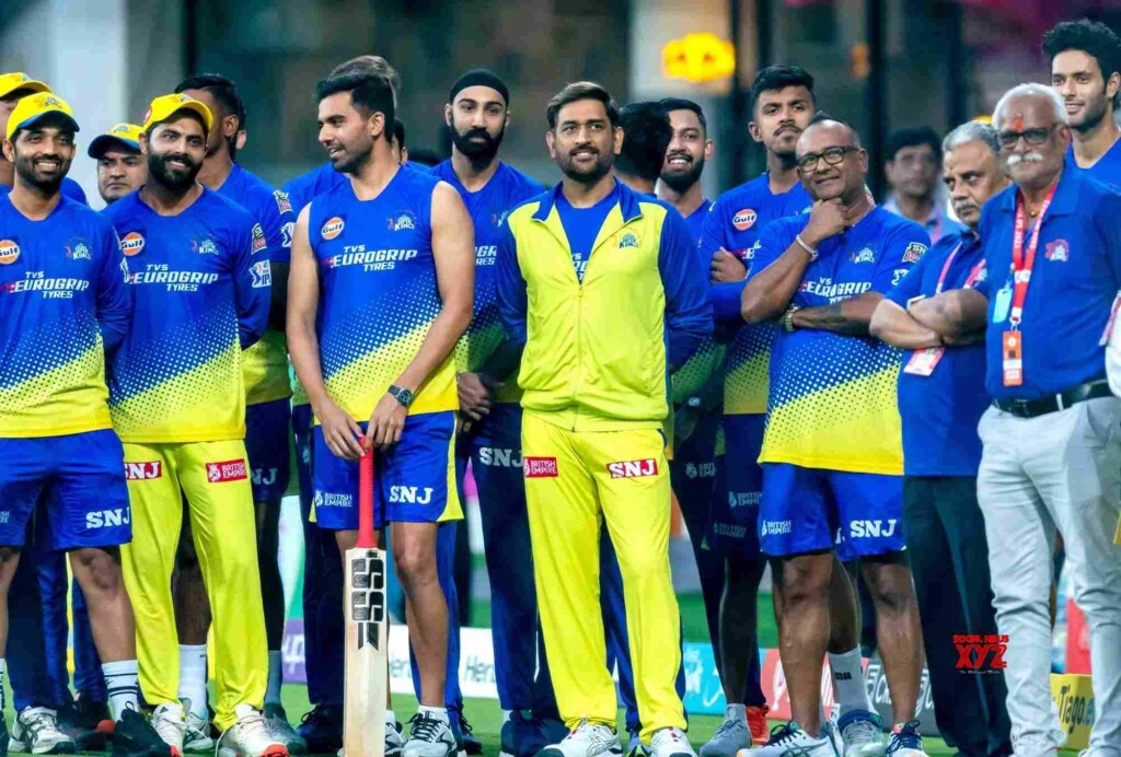 Chennai CSK's captain MS Dhoni along with his teammates before the start of the IPL 2023 match