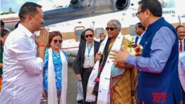 Itanagar: Finance Minister Nirmala Sitharaman is welcomed by Deputy Chief Minister of Arunachal Pradesh Chowna Mein upon her arrival in Itanagar on Tuesday, October 01, 2024. (Photo: IANS)