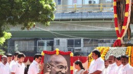 Chennai: Tamil Nadu Chief Minister M K Stalin, along with Deputy Chief Minister Udhayanidhi Stalin, pays floral tribute to Mahatma Gandhi on the occasion of Gandhi Jayanti, in Chennai on Wednesday, October 2, 2024. (Photo: IANS)