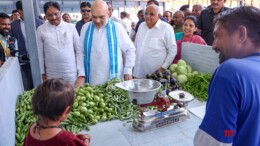 Ahmedabad: Union Home Minister Amit Shah with Gujarat Chief Minister Bhupendra Patel during the inauguration of a vegetable market prepared by Ahmedabad Municipal Corporation in Ahmedabad on Thursday, October 03, 2024. (Photo: IANS)