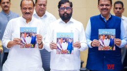 Mumbai: Chief Minister Eknath Shinde, Deputy Chief Ministers Devendra Fadnavis and Ajit Pawar release a  publication of the special issue of 'Lokrajya', which reviews the public welfare works done by the state government in Mumbai on Friday, October 04, 2024. (Photo: IANS)
