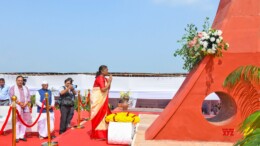 Banswara: President Droupadi Murmu, along with Rajasthan Governor Haribhau Bagade and Chief Minister Bhajanlal Sharma, pay floral tribute at the memorial site in  Banswara on Friday, October 04, 2024. (Photo: IANS)
