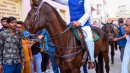 Kurukshetra: BJP MP Naveen Jindal makes a unique entrance on horseback as he arrives at a polling booth to cast his vote during the Haryana assembly election in Kurukshetra. Saturday, October 05, 2024. (Photo: IANS)