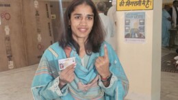 Charkhi Dadri: BJP leader Babita Phogat shows her ink-marked finger after casting her vote during the Haryana Assembly election in Charkhi Dadri on Saturday, October 5, 2024. (Photo: IANS)