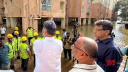 Bengaluru: KPCC President and Deputy Chief Minister D K Shivakumar visits the Central Vihara housing complex to inspect the waterlogged area in Yelahanka, Bengaluru, on Wednesday, October 23, 2024. (Photo: IANS)