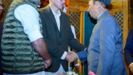 Srinagar : Jammu and Kashmir Chief Minister Omar Abdullah greets National Conference (NC) leader and seven-time MLA from Charar-e-Sharief, Abdul Rahim Rather, after his unanimous election as the first Speaker of the Legislative Assembly of the Union Territory of Jammu and Kashmir in Srinagar on Monday, November 4, 2024. (Photo: IANS)