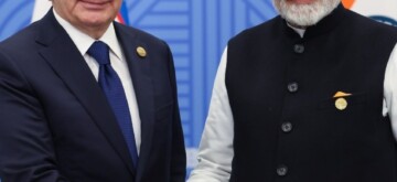 Kazan : Prime Minister Narendra Modi meets Uzbekistan President Shavkat Mirziyoyev on the sidelines of the BRICS Summit , at Kazan Expo Center, BRICS Summit venue, in Kazan on Wednesday, October 23, 2024. (Photo: IANS)