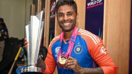 Barbados : India's Suryakumar Yadav poses with trophy after the team's victory in the ICC Men's T20 Cricket World Cup Final match against South Africa, at Kensington Oval in Barbados on Saturday, June 29, 2024. (Photo: IANS/@BCCI)