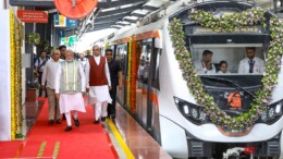 Prime Minister Narendra Modi, along with Gujarat Governor Acharya Devvrat and Chief Minister Bhupendra Patel, inaugurates and flags off the second phase of the Ahmedabad Metro Rail Extension in Ahmedabad, on Monday, September 16, 2024. (Photo: IANS)