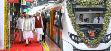 Prime Minister Narendra Modi, along with Gujarat Governor Acharya Devvrat and Chief Minister Bhupendra Patel, inaugurates and flags off the second phase of the Ahmedabad Metro Rail Extension in Ahmedabad, on Monday, September 16, 2024. (Photo: IANS)