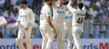 Mumbai: New Zealand's Matt Henry celebrates a dismissal with teammates during the third day of the third cricket Test match between India and New Zealand at Wankhede Stadium in Mumbai on Sunday, November 3, 2024. (Photo: IANS/@BLACKCAPS)