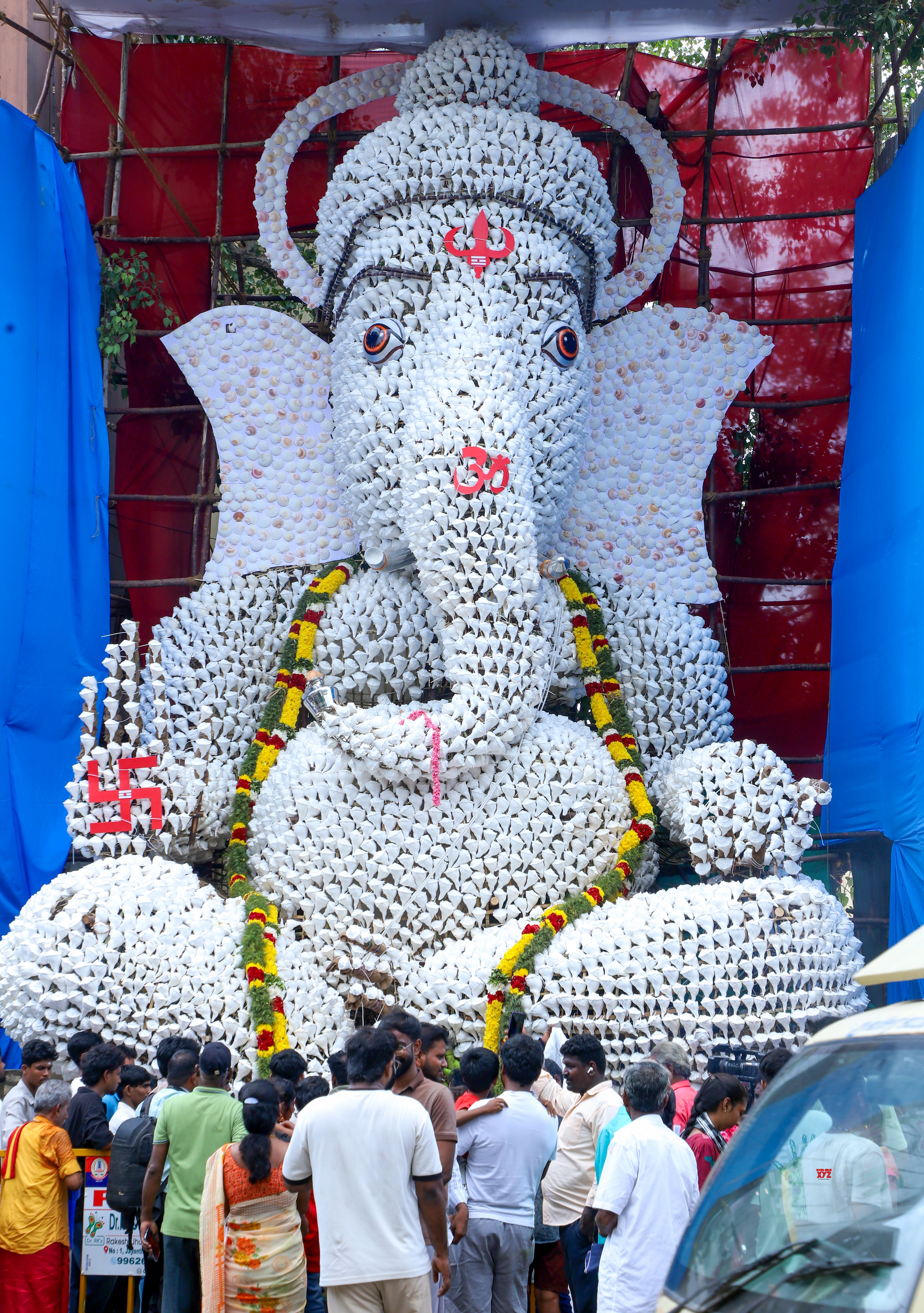 Chennai: An intricately crafted idol of Lord Ganesha made from sea shells is displayed during Ganesh Chaturthi celebrations in Chennai, Tamil Nadu, on Monday, September 14, 2026. (Photo: IANS)