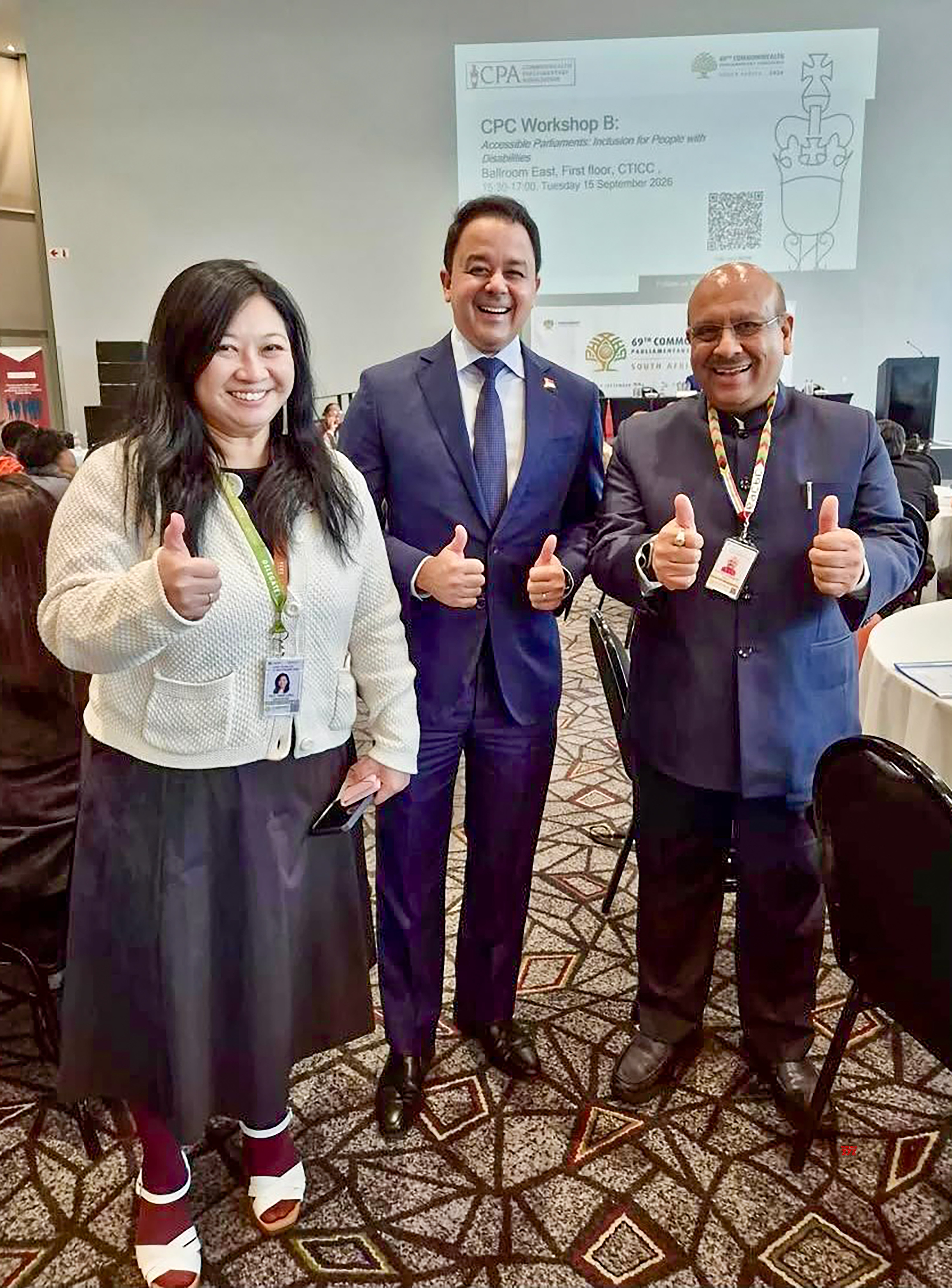 Cape Town: Speaker of the Delhi Legislative Assembly Vijender Gupta interacts with Deputy Speaker of the Parliament of Singapore Christopher de Souza and Member of Parliament Yeo Wan Ling on the sidelines of the 69th Commonwealth Parliamentary Conference in Cape Town, South Africa, on Tuesday, September 15, 2026. (Photo: IANS/X/@Gupta_vijender)