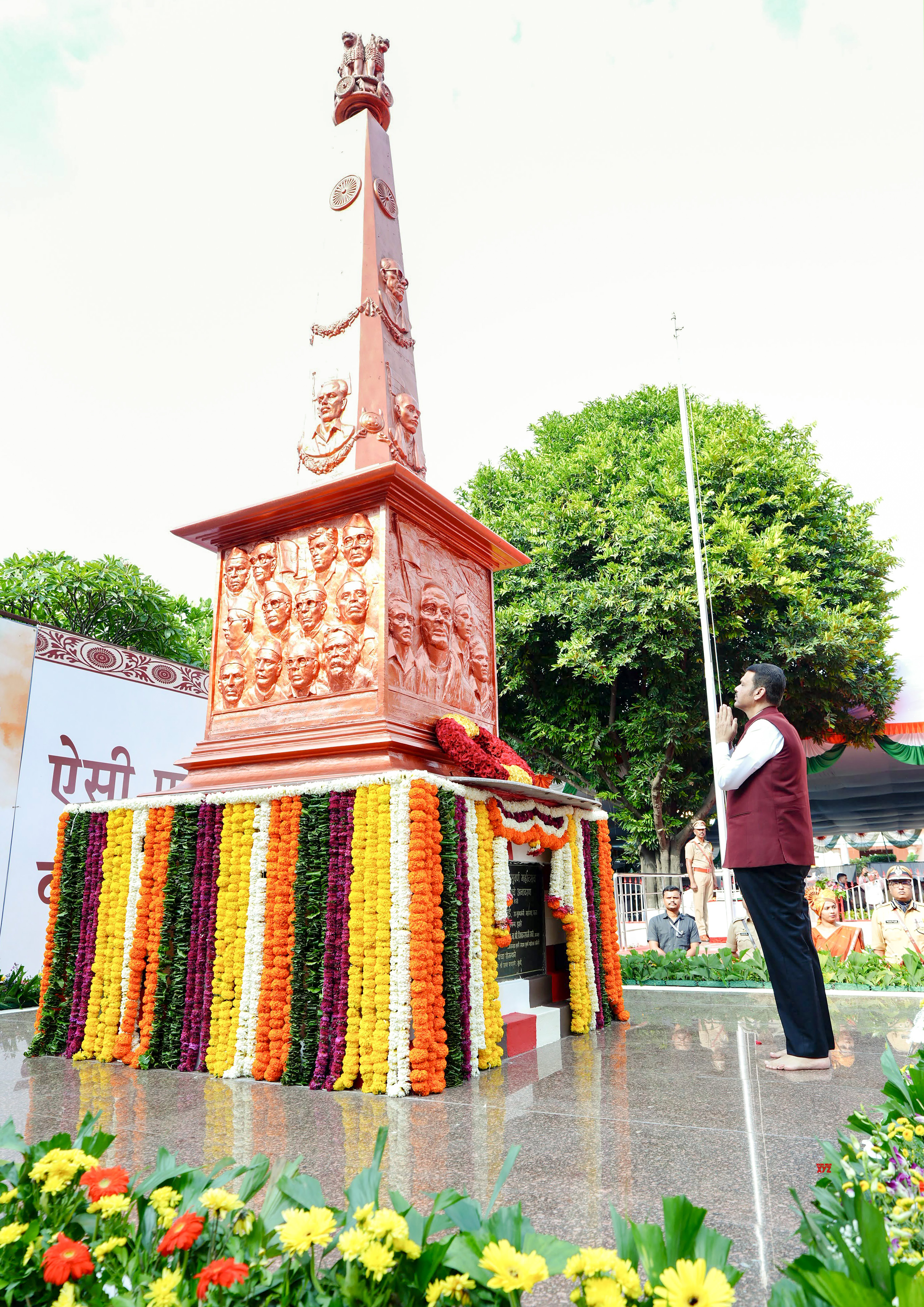 Chhatrapati Sambhajinagar: Maharashtra Chief Minister Devendra Fadnavis pays floral tribute at the Smruti Stambha in Siddhartha Garden to martyrs who laid down their lives for the liberation of Marathwada, on the occasion of Marathwada Liberation Day, in Chhatrapati Sambhajinagar, Maharashtra, on Thursday, September 17, 2026. (Photo: IANS/X/@CMOMaharashtra)