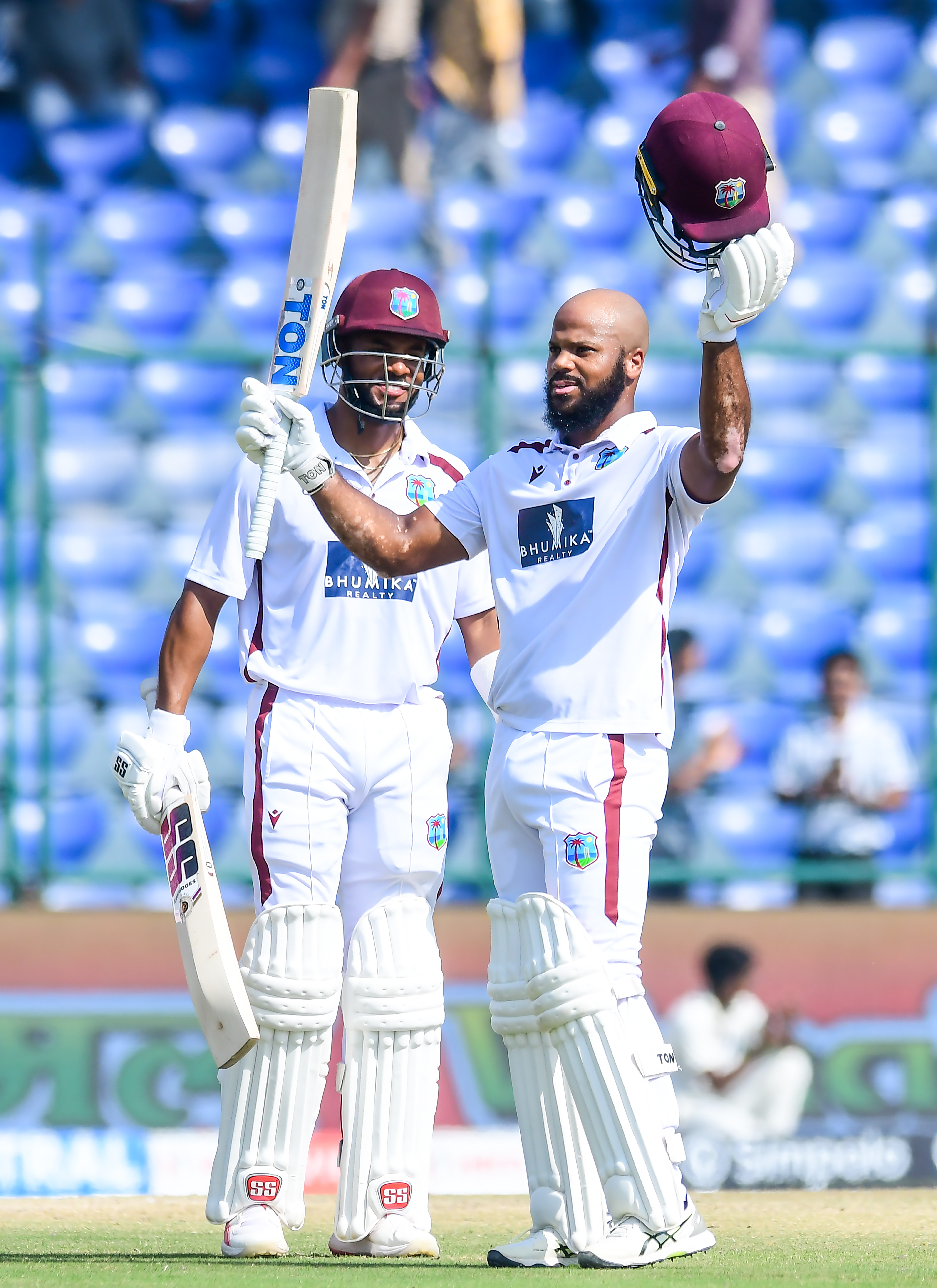 New Delhi: West Indies’ John Campbell celebrates his century during the fourth day of the second and final Test cricket match between India and West Indies at the Arun Jaitley Stadium, in New Delhi on Monday, October 13, 2025. (Photo: IANS/Qamar Sibtain)