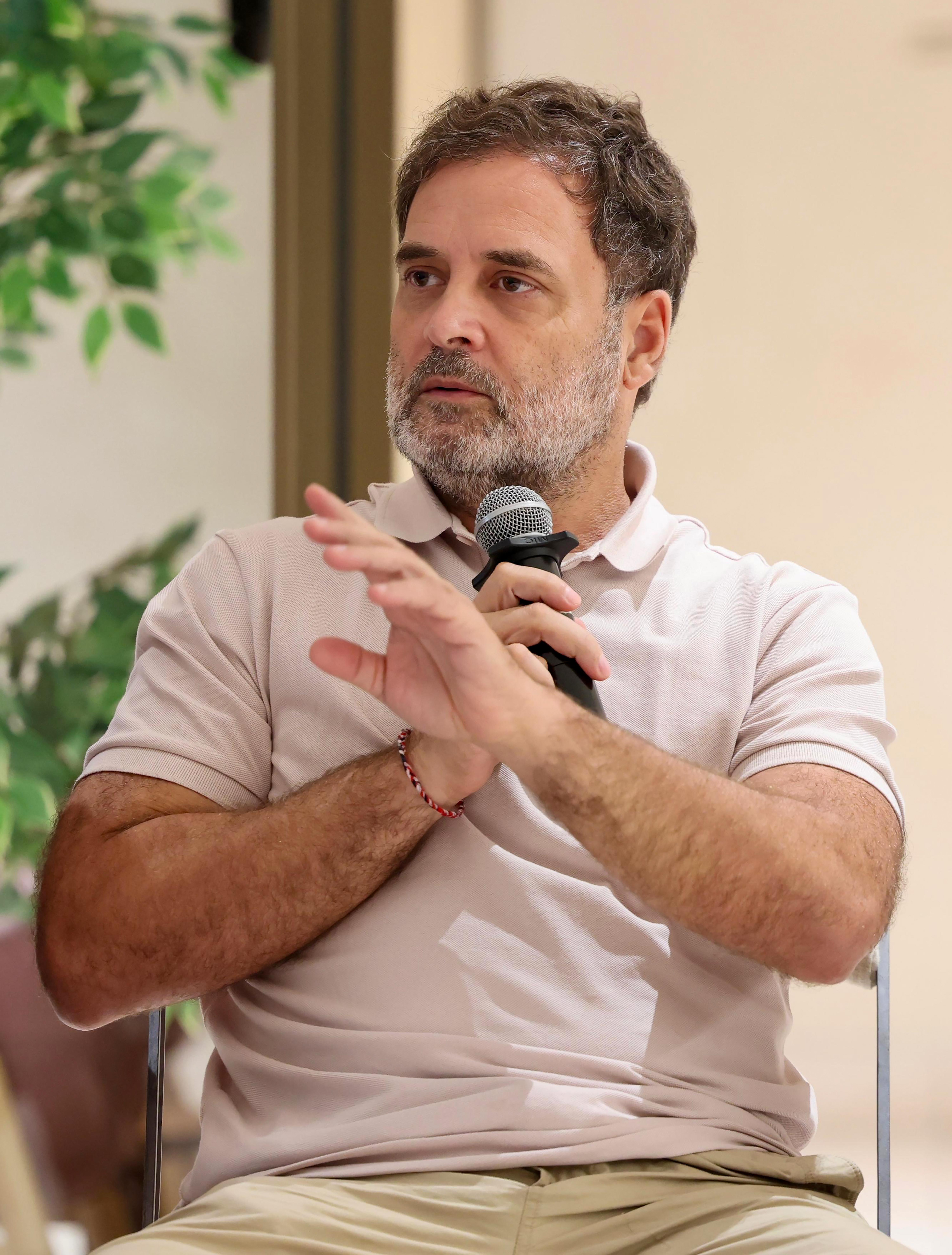 New Delhi: Leader of Opposition in the Lok Sabha Rahul Gandhi interacts with the Dr Manmohan Singh Fellows of the All India Professionals’ Congress (AIPC) at Indira Bhawan in New Delhi on Tuesday, September 15, 2026. (Photo: IANS/AICC)